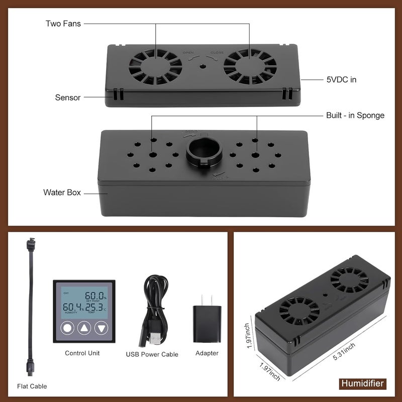 ronfnea Electric Cigar Humidifier for Cigar Humidor Box - Dual-Fan Sensor-Controlled + LCD Humidity & Temperature Display, Multi-Device Connection Supported, for 40-180 Cigars 1V1 - Image 3